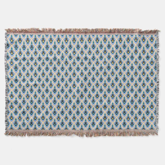 Oriental Blue Yellow Moroccan Arabic Tracery Art Throw Blanket (Front)