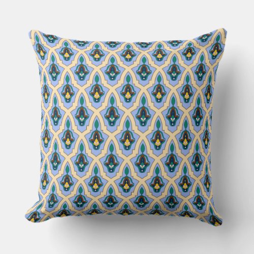 Oriental Blue Yellow Moroccan Arabic Tracery Art Throw Pillow