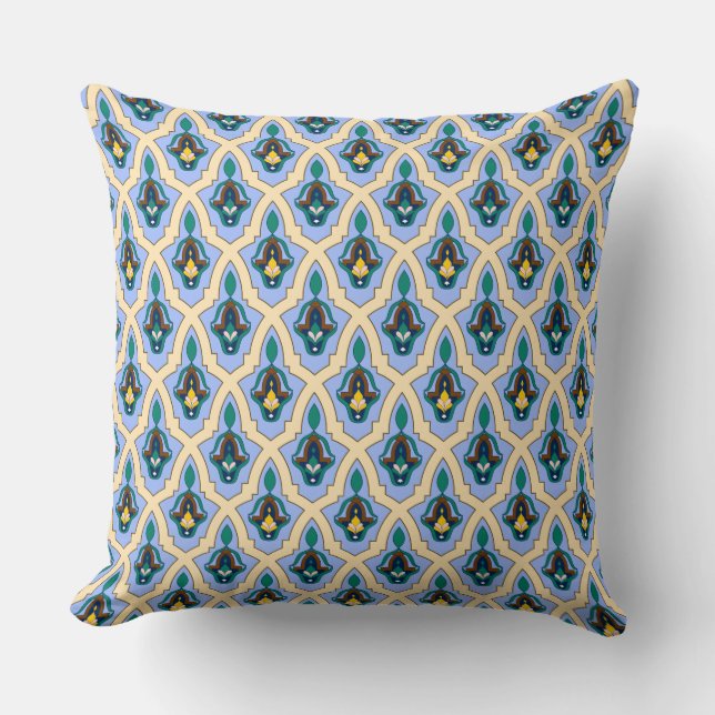 Oriental Blue Yellow Moroccan Arabic Tracery Art Throw Pillow (Front)