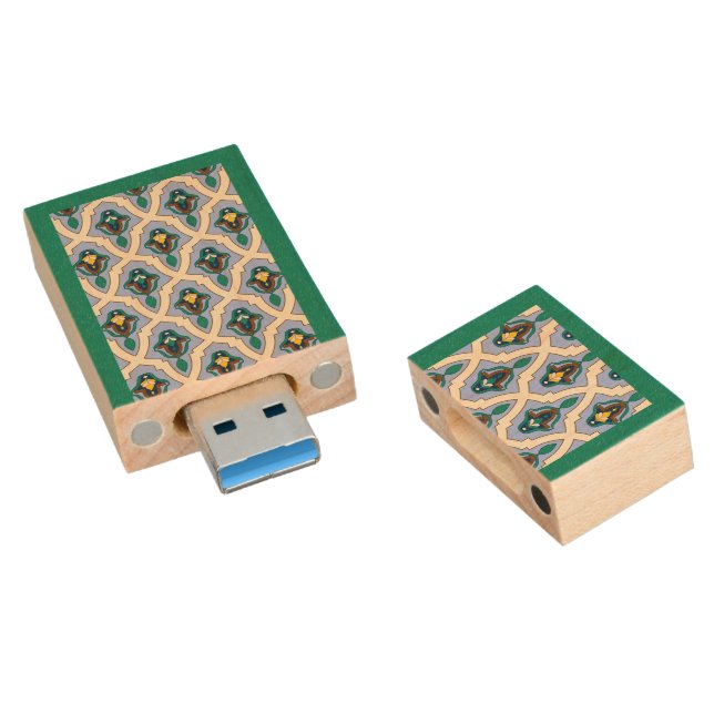 Oriental Blue Yellow Moroccan Arabic Tracery Art Wood Flash Drive (Angled)