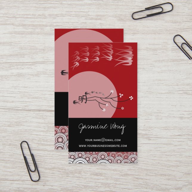 Oriental Bright Moon Swallows Birds Zen Modern Art Business Card (Front/Back In Situ)