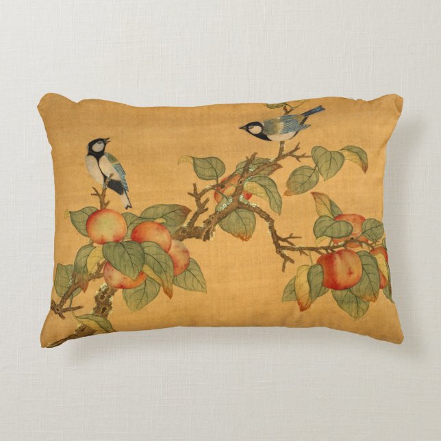 Oriental Chinese Birds And Fruit Accent Pillow (Front)