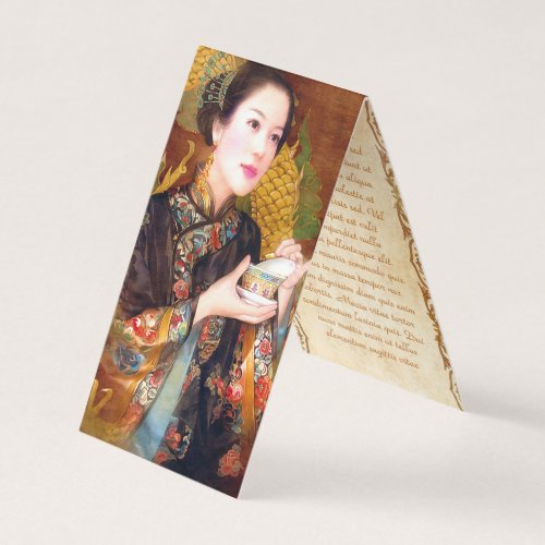 Oriental chinese lady holding cup of tea portrait business card