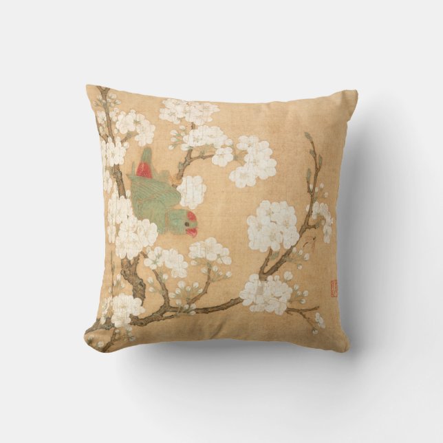 Oriental Chinese Parrot And Pear Blossoms Throw Pillow (Front)