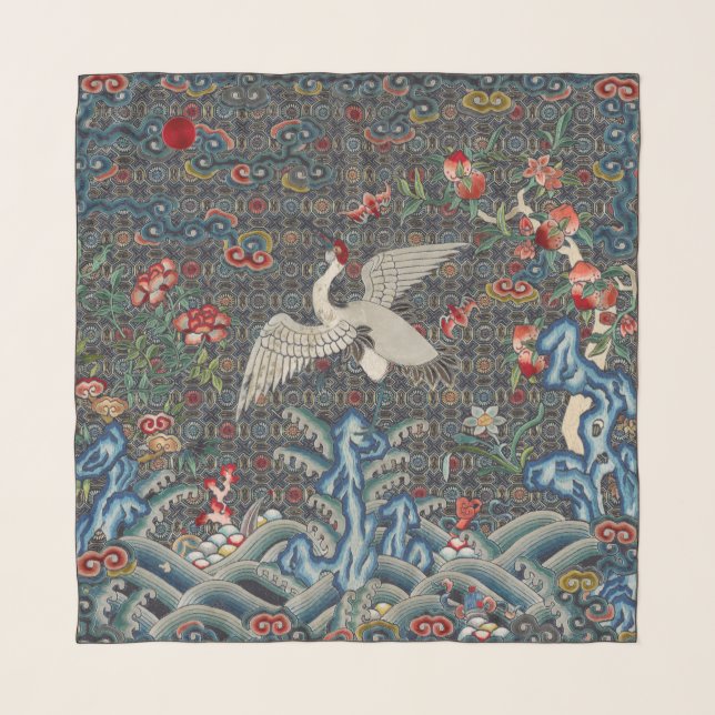 Oriental Chinese Qing Dynasty Crane And Bats Scarf (Front)
