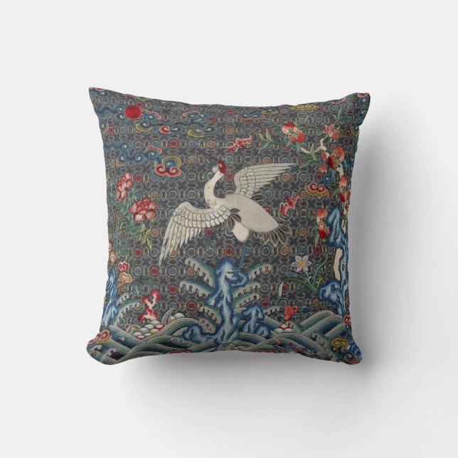 Oriental Chinese Qing Dynasty Crane And Bats Throw Pillow (Front)