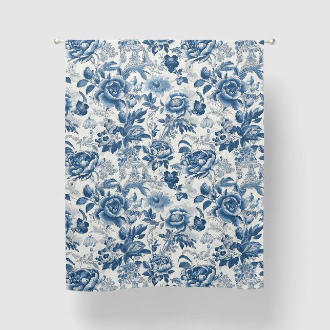 Oriental Chinoiserie Blue White Peonies Floral Blackout Curtains (Front)
