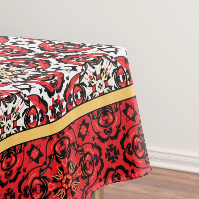 Oriental Christmas Holiday Damask Red and Gold Tablecloth (In Situ)
