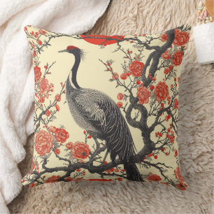 Oriental Crane and Peony - Traditional Asian Art Throw Pillow
