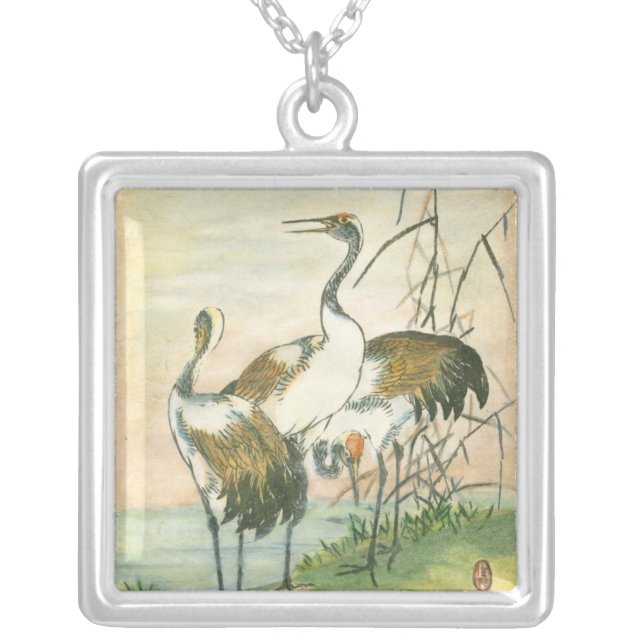 Oriental Cranes by the Water Silver Plated Necklace (Front)