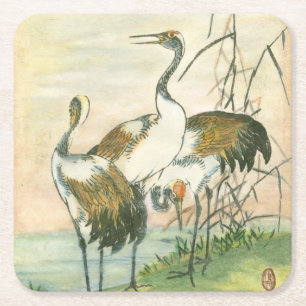 Oriental Cranes by the Water Square Paper Coaster