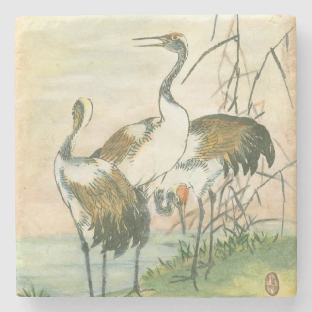 Oriental Cranes by the Water Stone Coaster (Front)
