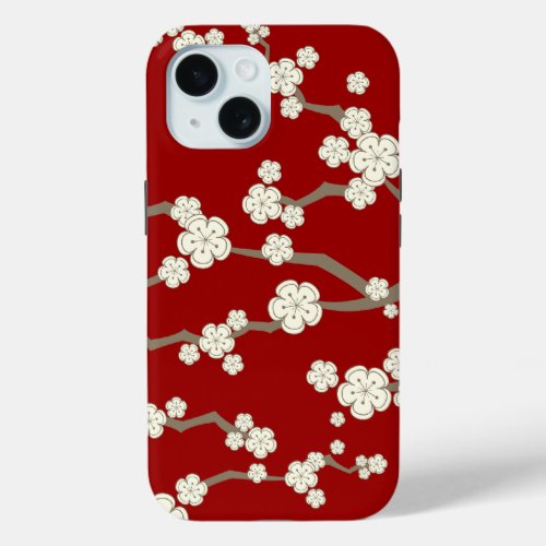 Oriental Cream Sakura Zen Cherry Blossoms On Red iPhone 15 Case