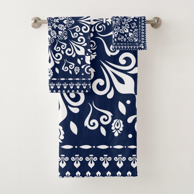 Oriental Damask Blue and White Bath Towel Set (Insitu)