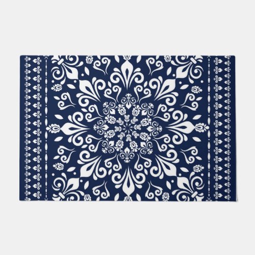 Oriental Damask Blue and White Doormat