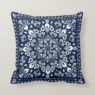 Oriental Damask Blue and White Throw Pillow