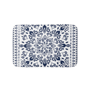 Oriental Damask blue on white Bath Mat