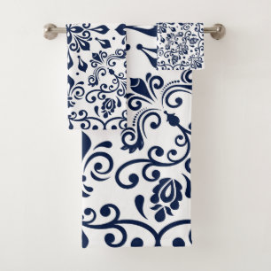 Oriental Damask blue on white Bath Towel Set