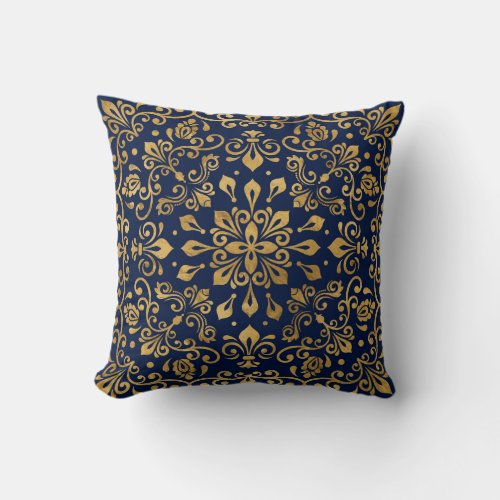 Oriental Damask Ornament _ Gold on dark blue 2 Throw Pillow