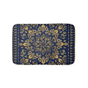 Oriental Damask Ornament - Gold on dark blue #3 Bath Mat