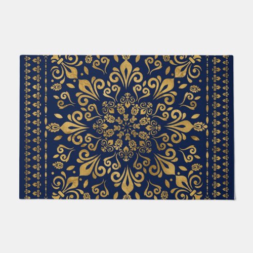 Oriental Damask Ornament _ Gold on dark blue 3 Doormat