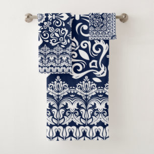 Oriental Damask white on blue Bath Towel Set
