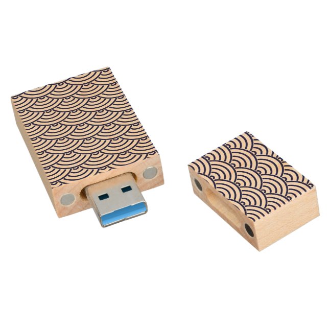 Oriental Delft Blue Koinobori Fish Scale Pattern Wood Flash Drive (Angled)