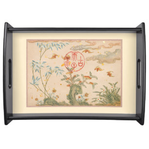 Oriental Dining Tray, Chinese Flowers & Birds Serving Tray