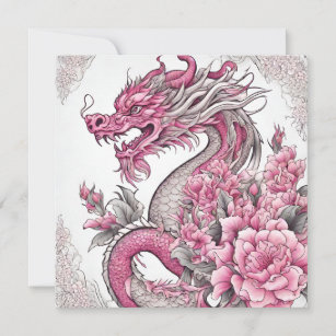 Oriental Dragon and Pink Flowers  Card