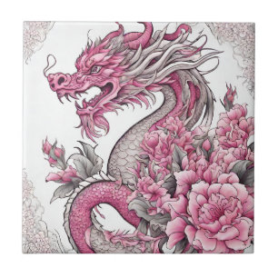 Oriental Dragon and Pink Flowers Ceramic Tile