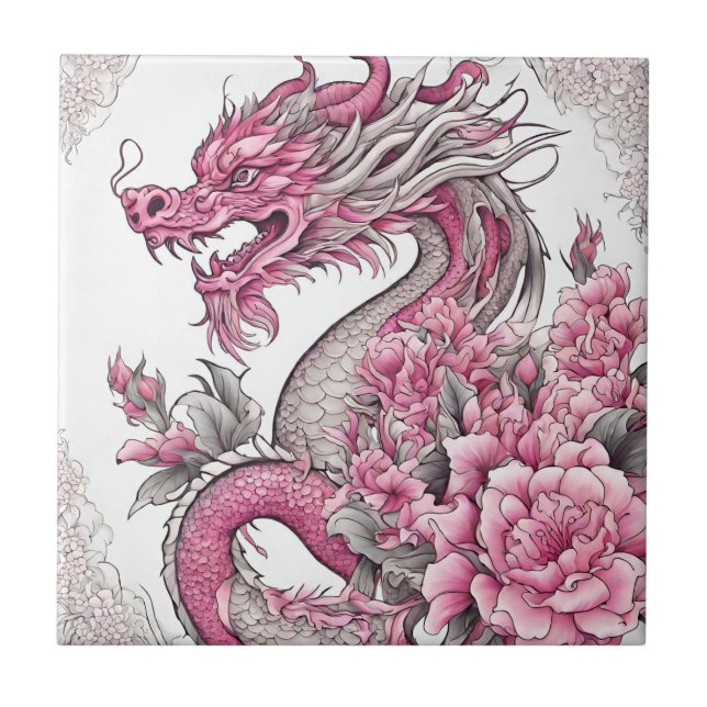 Oriental Dragon and Pink Flowers  Ceramic Tile (Front)