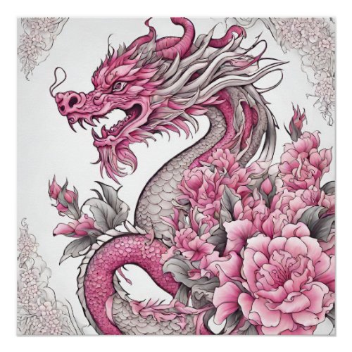 Oriental Dragon and Pink Flowers  Poster