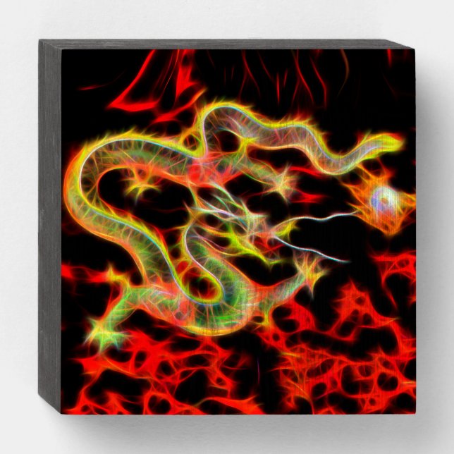 Oriental Dragon Fire on Lucky Energy Wooden Box Sign (Front Horizontal)