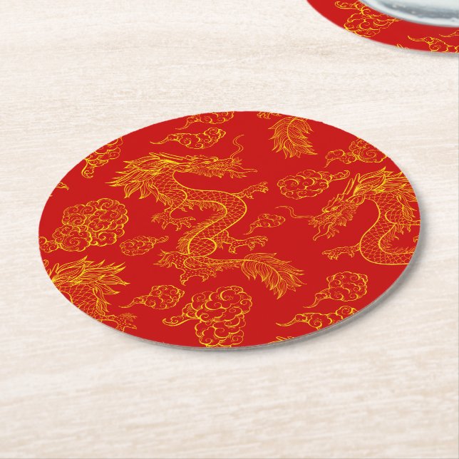 Oriental Dragon Pattern Gold and Red  Round Paper Coaster (Angled)