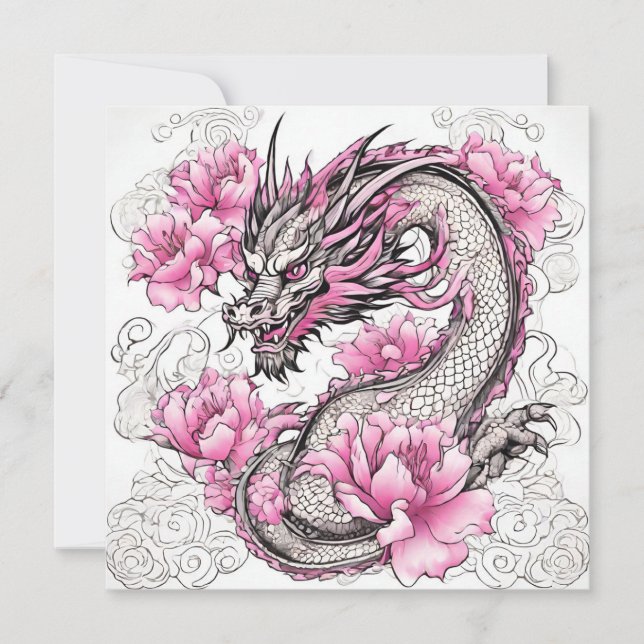 Oriental Dragon with Vibrant Pink Flowers  Card (Front)