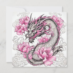 Oriental Dragon with Vibrant Pink Flowers  Card