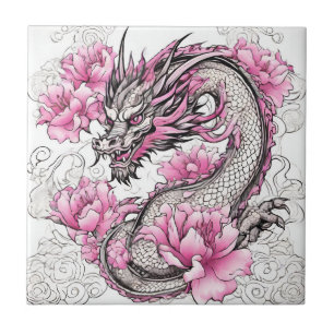 Oriental Dragon with Vibrant Pink Flowers Ceramic Tile