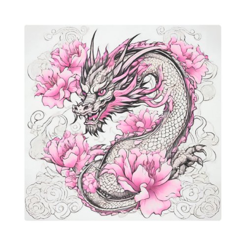 Oriental Dragon with Vibrant Pink Flowers  Metal Print