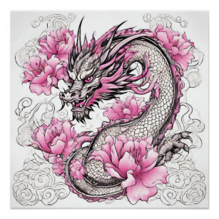 Oriental Dragon with Vibrant Pink Flowers  Poster
