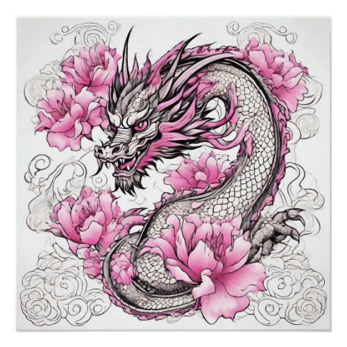 Oriental Dragon with Vibrant Pink Flowers  Poster