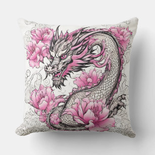 Oriental Dragon with Vibrant Pink Flowers  Throw Pillow