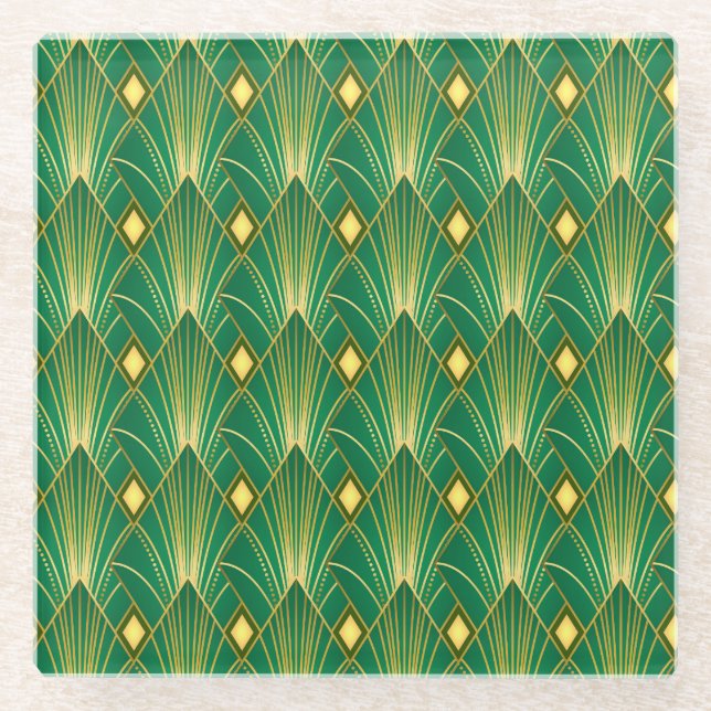 Oriental Elegance: Art Deco Wallpaper Glass Coaster (Front)