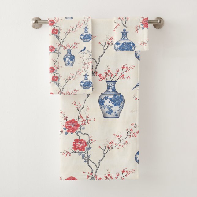 Oriental Elegance: Blue Porcelain and Blossoms Bath Towel Set (Insitu)