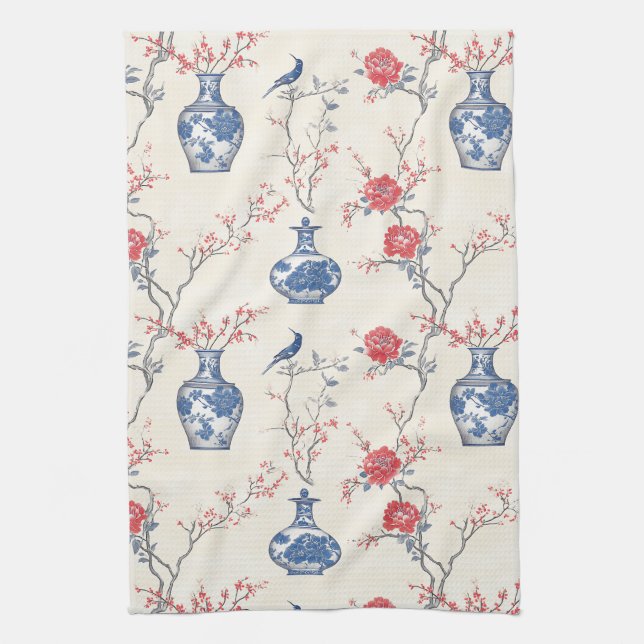 Oriental Elegance: Blue Porcelain and Blossoms Kitchen Towel (Vertical)