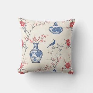 Oriental Elegance: Blue Porcelain and Blossoms Throw Pillow