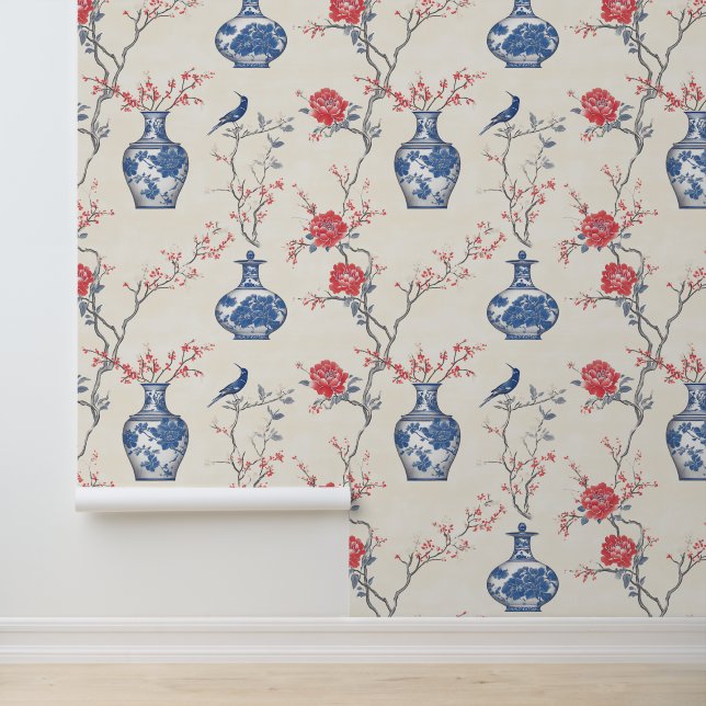 Oriental Elegance: Blue Porcelain and Blossoms Wallpaper (Application)