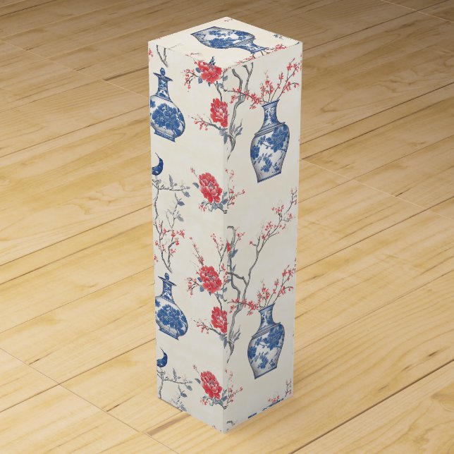 Oriental Elegance: Blue Porcelain and Blossoms Wine Box (Front)