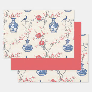 Oriental Elegance: Blue Porcelain and Blossoms Wrapping Paper Sheets