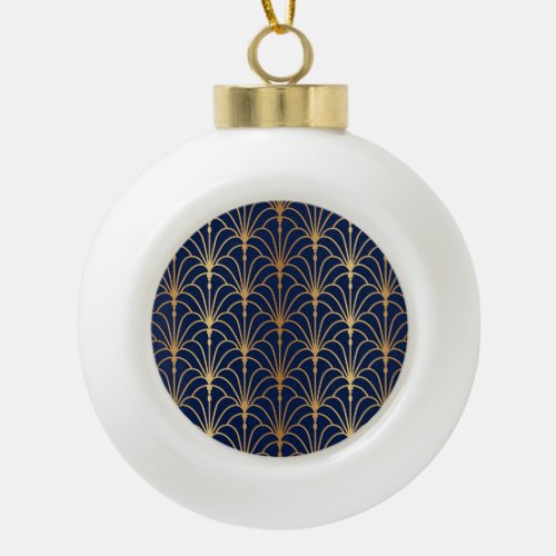Oriental Elegance Golden Fan Pattern Ceramic Ball Christmas Ornament