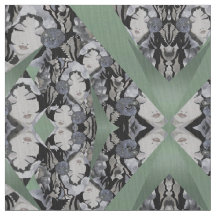 Oriental Faces Fabric on Seafoam Green, Grey/Black